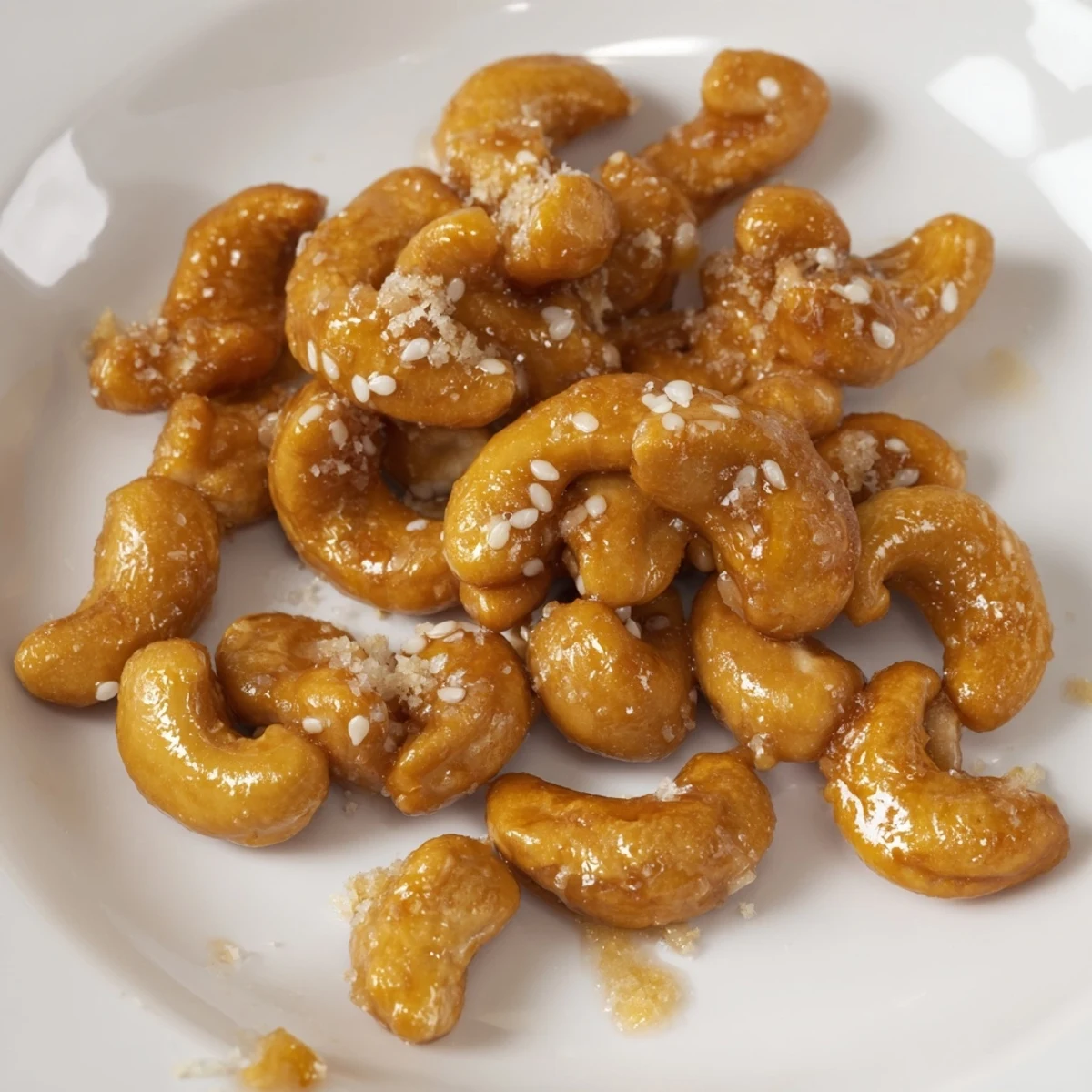 Golden honey sesame cashews glistening with a warm, sweet glaze on parchment paper.