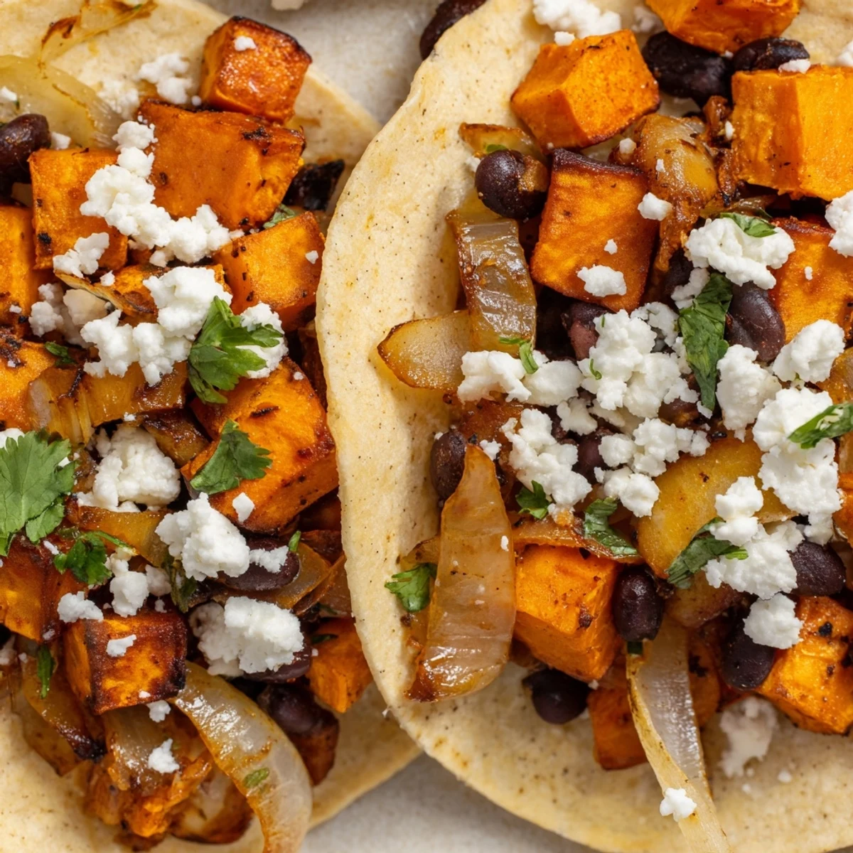 Golden crispy sweet potato bean tacos topped with sautéed onions and fresh cilantro