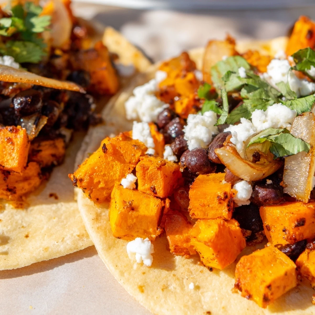 Crispy sweet potato bean tacos with caramelized onions served on warm corn tortillas