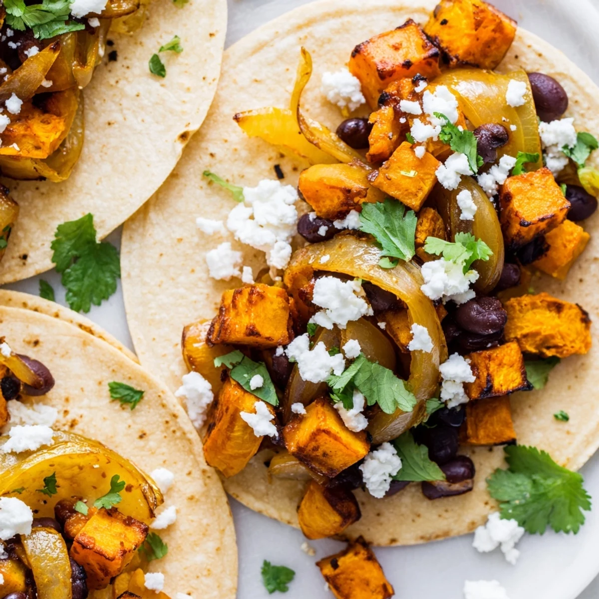 Vibrant crispy sweet potato bean tacos drizzled with salsa and a lime wedge
