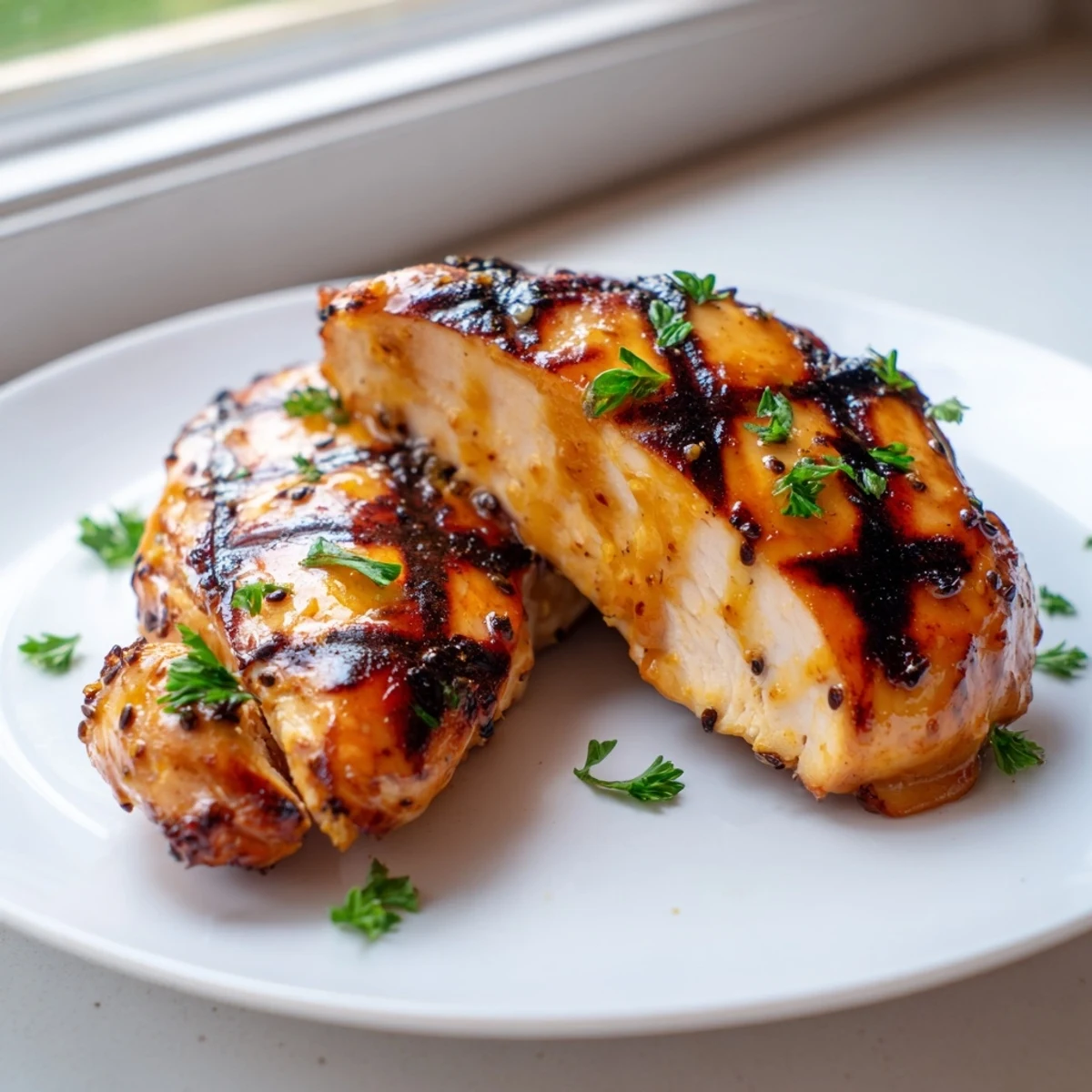 Golden grilled honey mustard chicken with caramelized glaze resting on a rustic plate