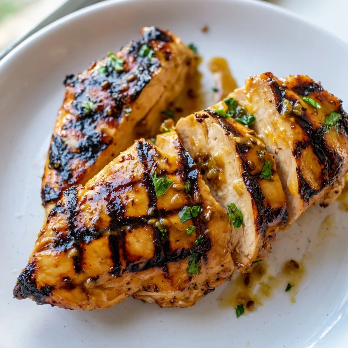 Juicy grilled honey mustard chicken sliced open showing tender meat with fresh parsley garnish