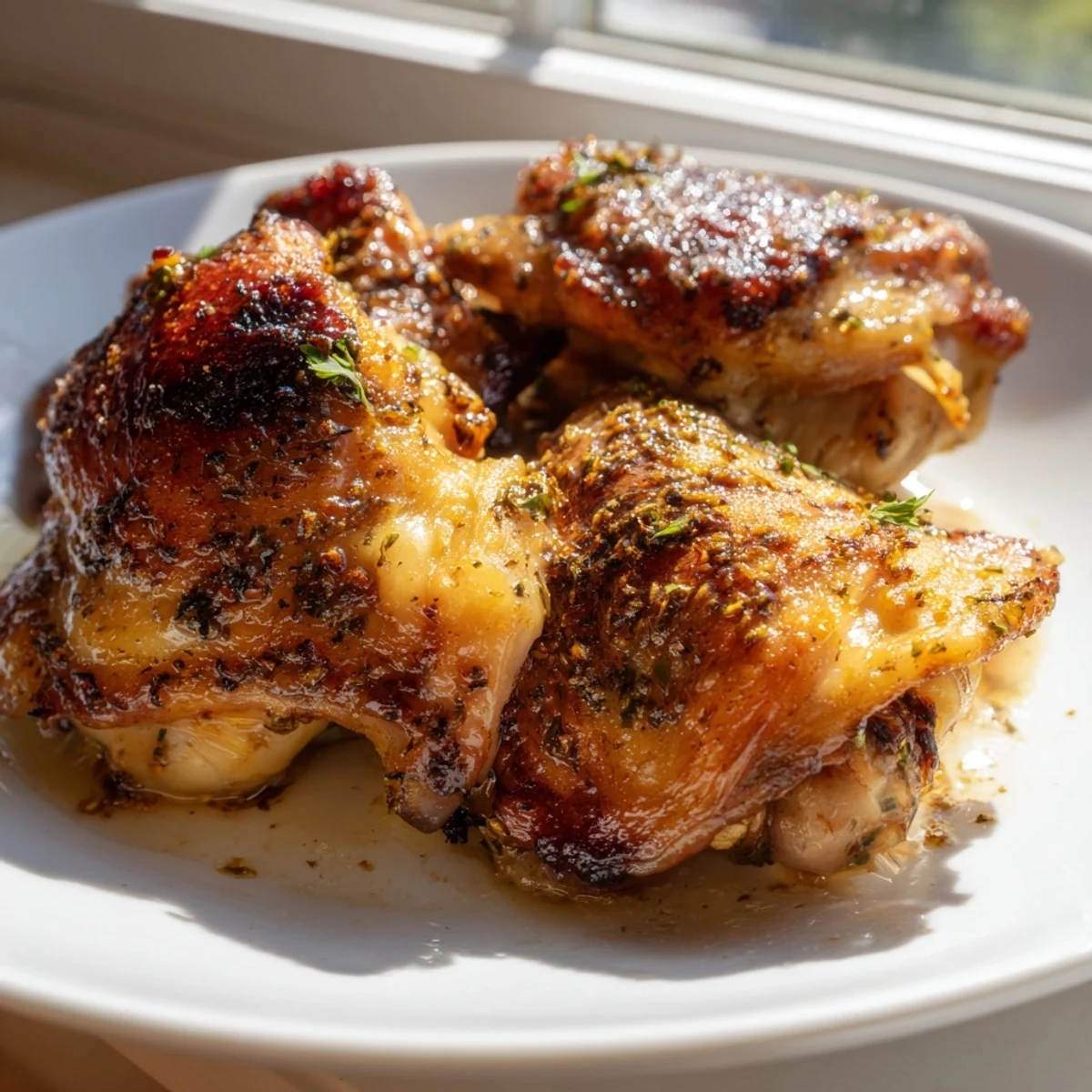 Juicy Cuban Mojo Chicken Thighs garnished with cilantro and served alongside lime wedges