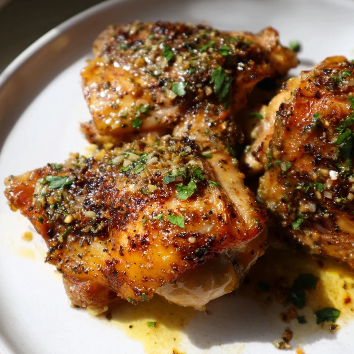 Tender roasted Cuban Mojo Chicken Thighs with caramelized skin on a rustic baking sheet