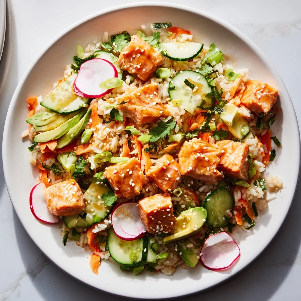 Golden crispy salmon rice salad drizzled with tangy ginger dressing and colorful vegetables