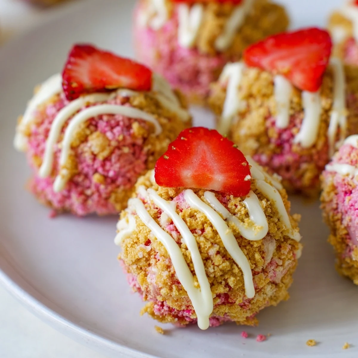 Golden strawberry crunch cheesecake bites drizzled with white chocolate and fresh berries