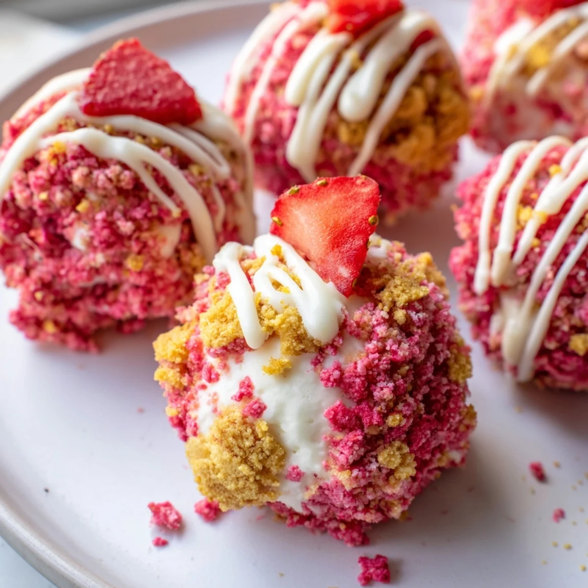 Creamy strawberry crunch cheesecake bites coated in pink cookie crumbs on a tray