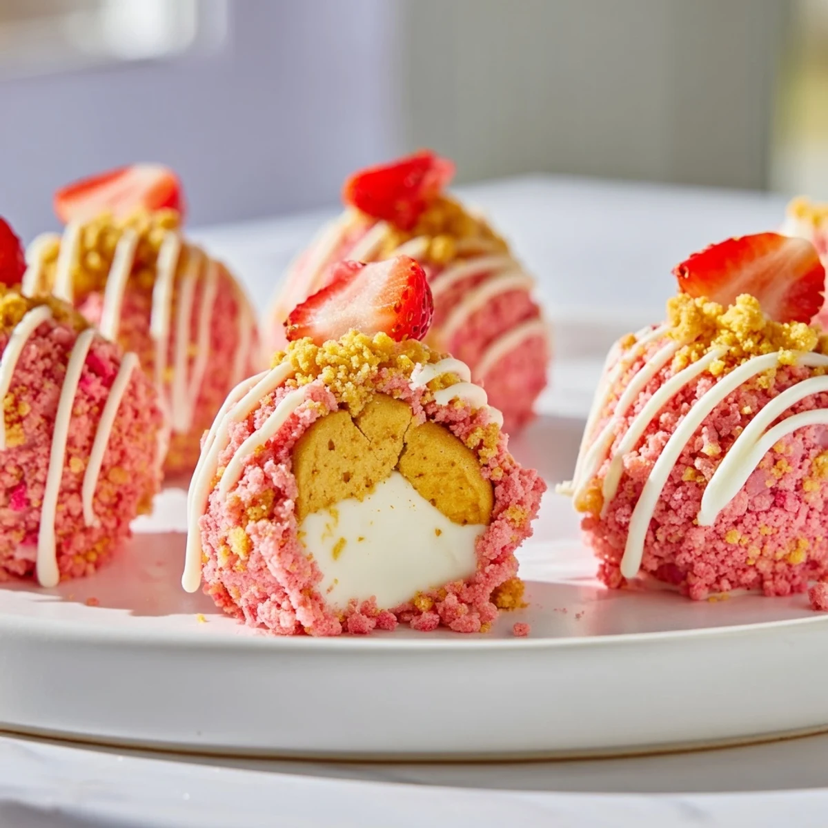 Fluffy strawberry crunch cheesecake bites rolled in crispy freeze-dried strawberry cookie coating