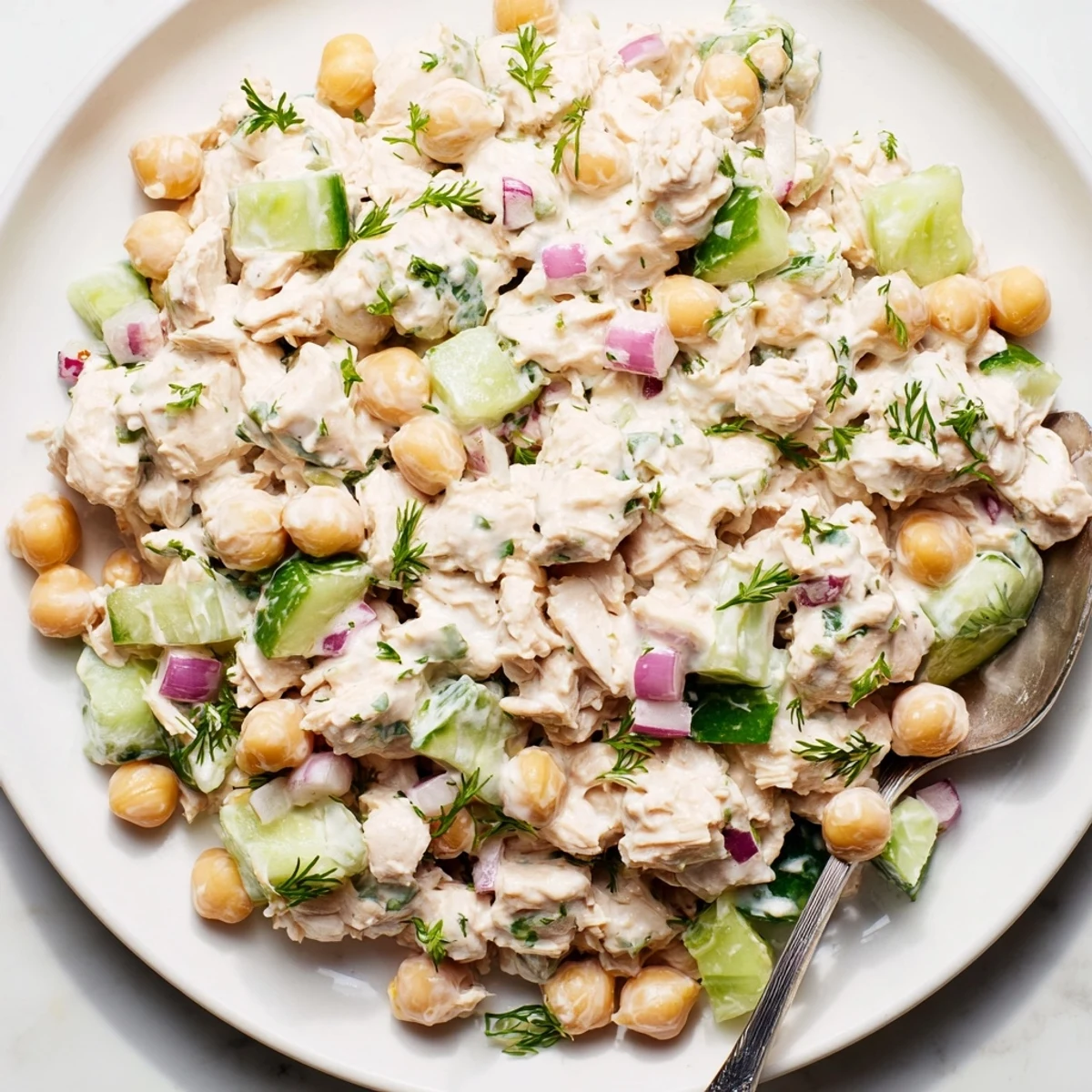 A bowl of creamy tuna chickpea cucumber salad topped with fresh parsley and lemon wedges