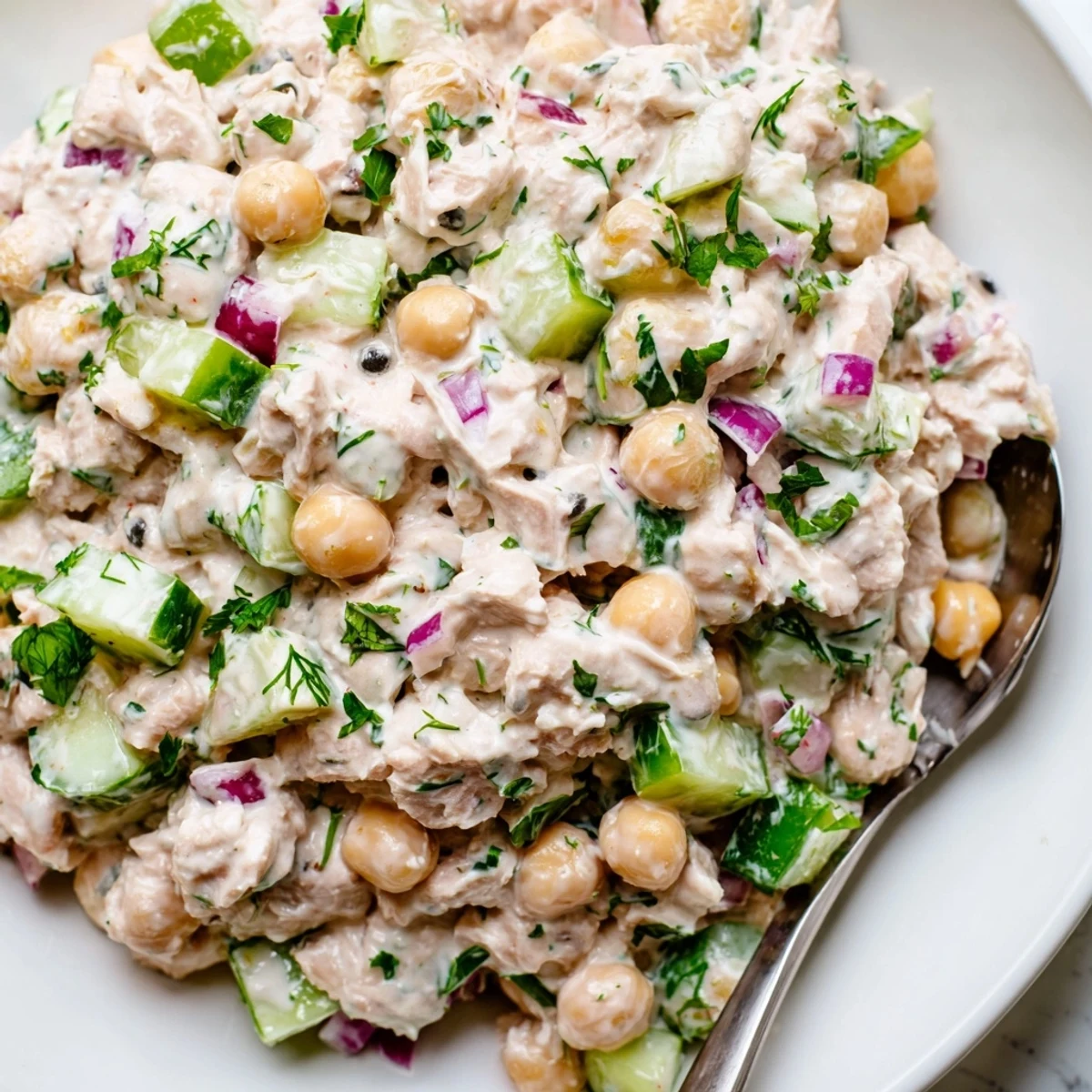 Creamy tuna chickpea cucumber salad served on rustic bread with a tangy yogurt dressing