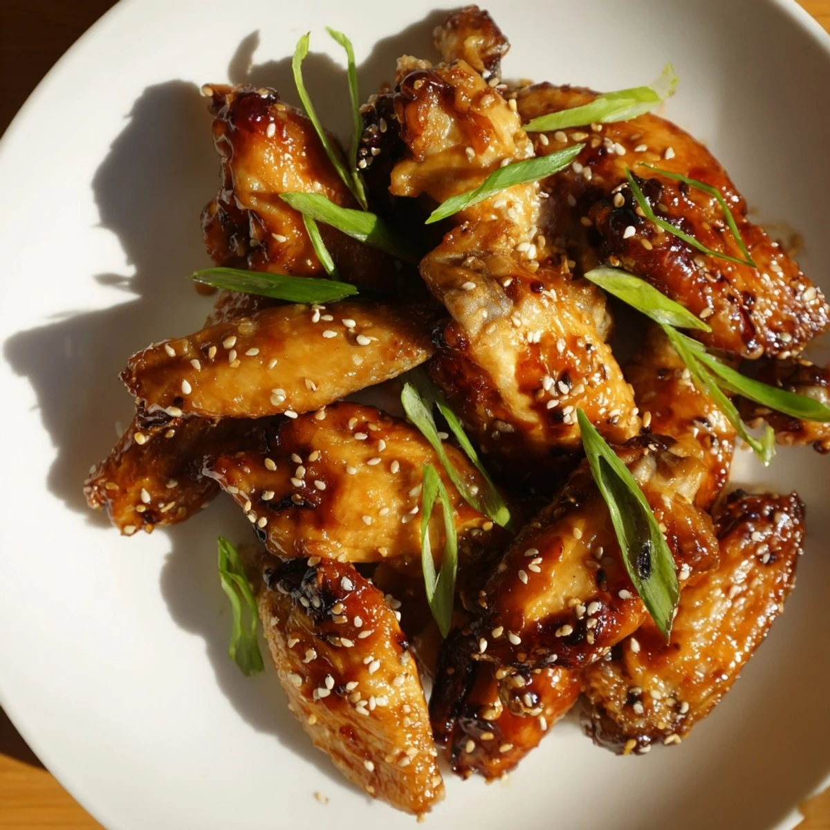 Steaming miso honey marinated chicken wings scattered with sesame seeds and sliced green onions ready to serve
