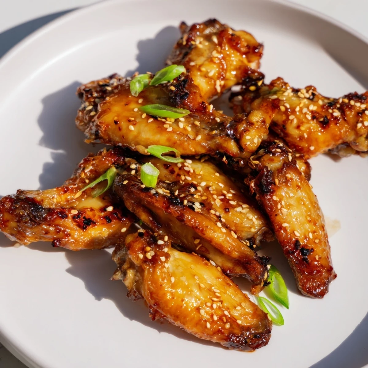 Crispy golden miso honey marinated chicken wings glistening with sweet sticky glaze on a rustic platter