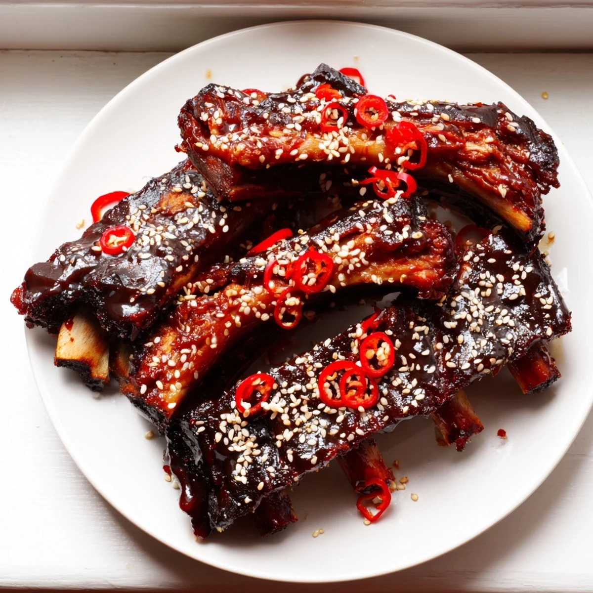 Caramelized Korean BBQ lamb ribs glistening on a grill with fresh yuzu wedges