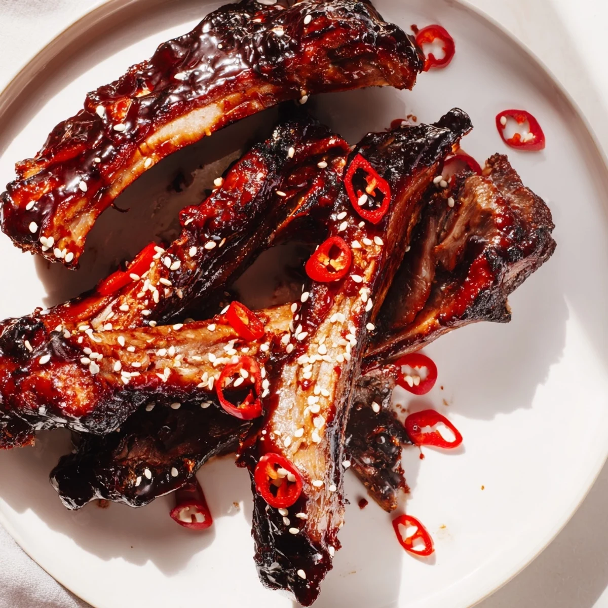 Juicy Korean BBQ lamb ribs coated in sticky gochujang glaze garnished with sliced spring onions
