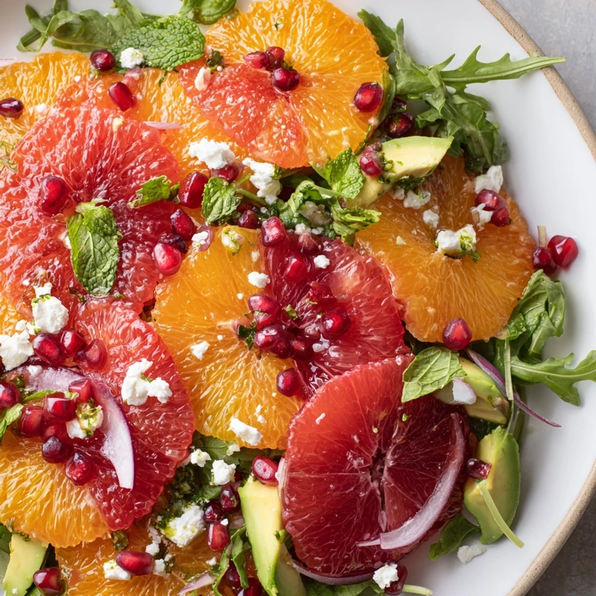 Citrus Salad With Pomegranate Jewels Creamy Avocado and Crumbled Feta arranged on a rustic white platter with fresh mint garnish