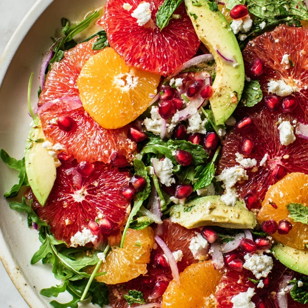 Close-up of vibrant Citrus Salad With Pomegranate Jewels Creamy Avocado and Crumbled Feta drizzled with a honey-lemon olive oil dressing