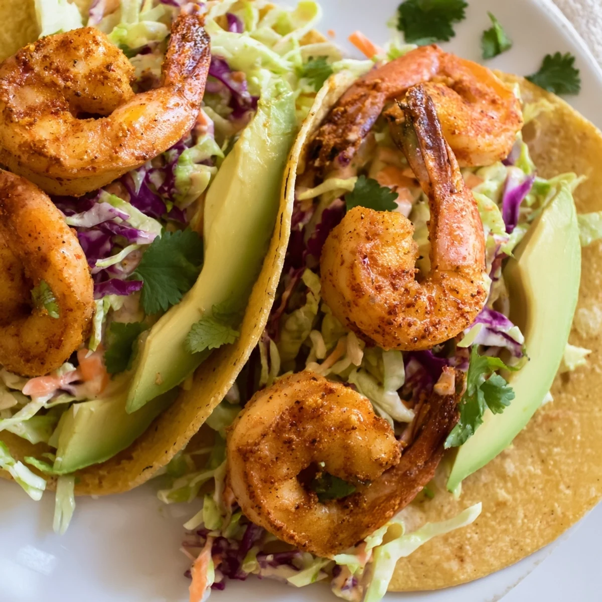 Golden pan-seared shrimp tucked into soft tacos alongside creamy garlic cilantro lime slaw