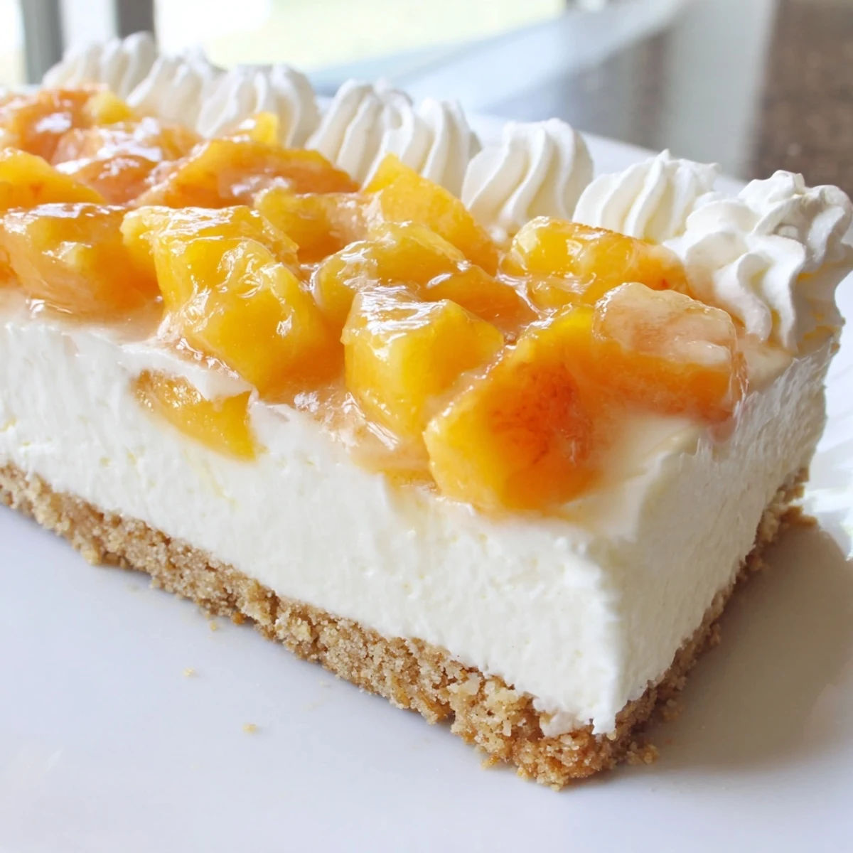 Golden Peaches and Cream Cheesecake Bars topped with juicy peach slices on a graham crust