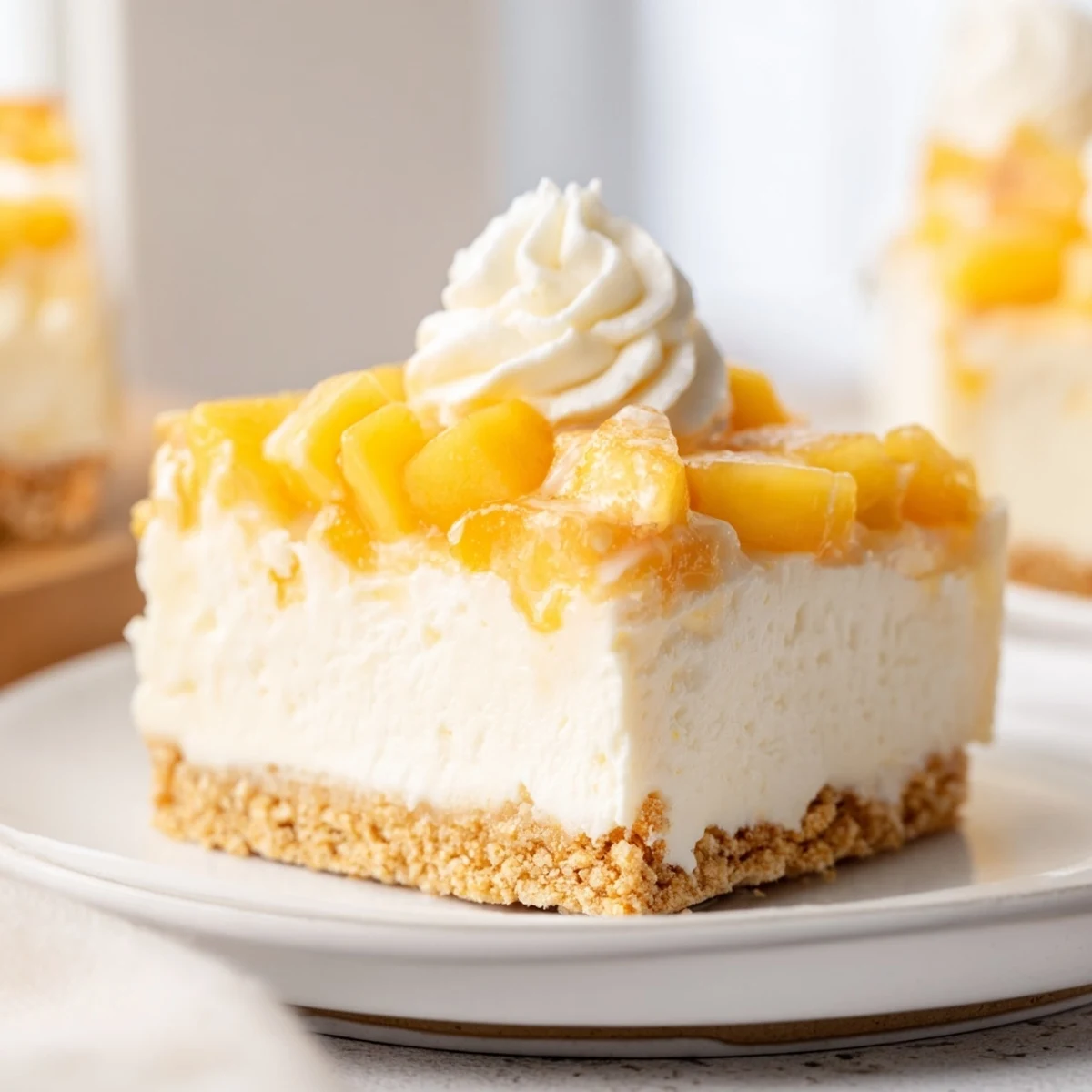 Creamy Peaches and Cream Cheesecake Bars sliced and drizzled with fresh whipped cream