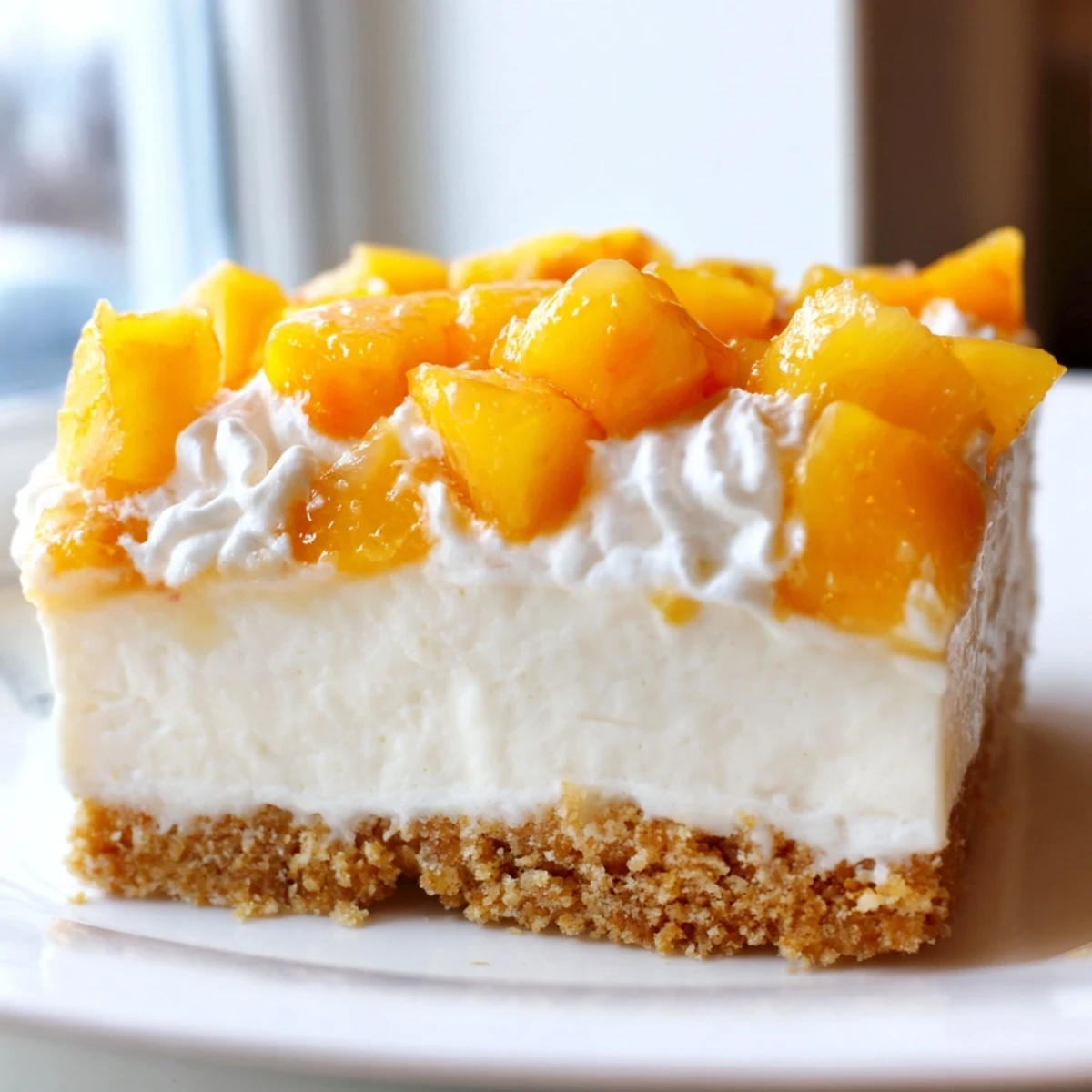 Chilled Peaches and Cream Cheesecake Bars with a buttery graham cracker crust and golden fruit