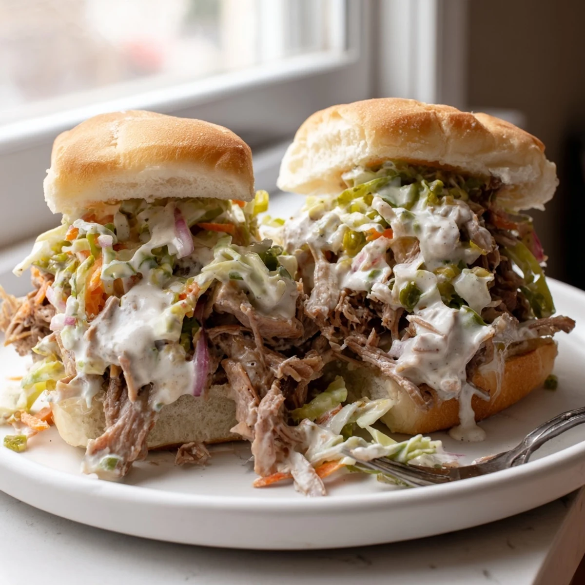 Creamy Alabama white sauce drizzled over tender pulled lamb sliders with crunchy slaw