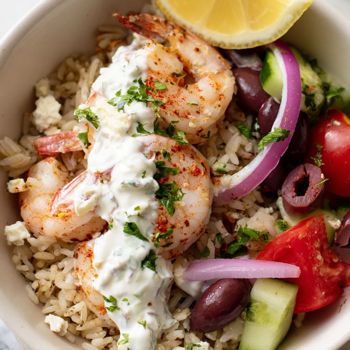 Juicy Greek Shrimp Mediterranean Bowl served over lemony rice with crisp vegetables and cool tzatziki