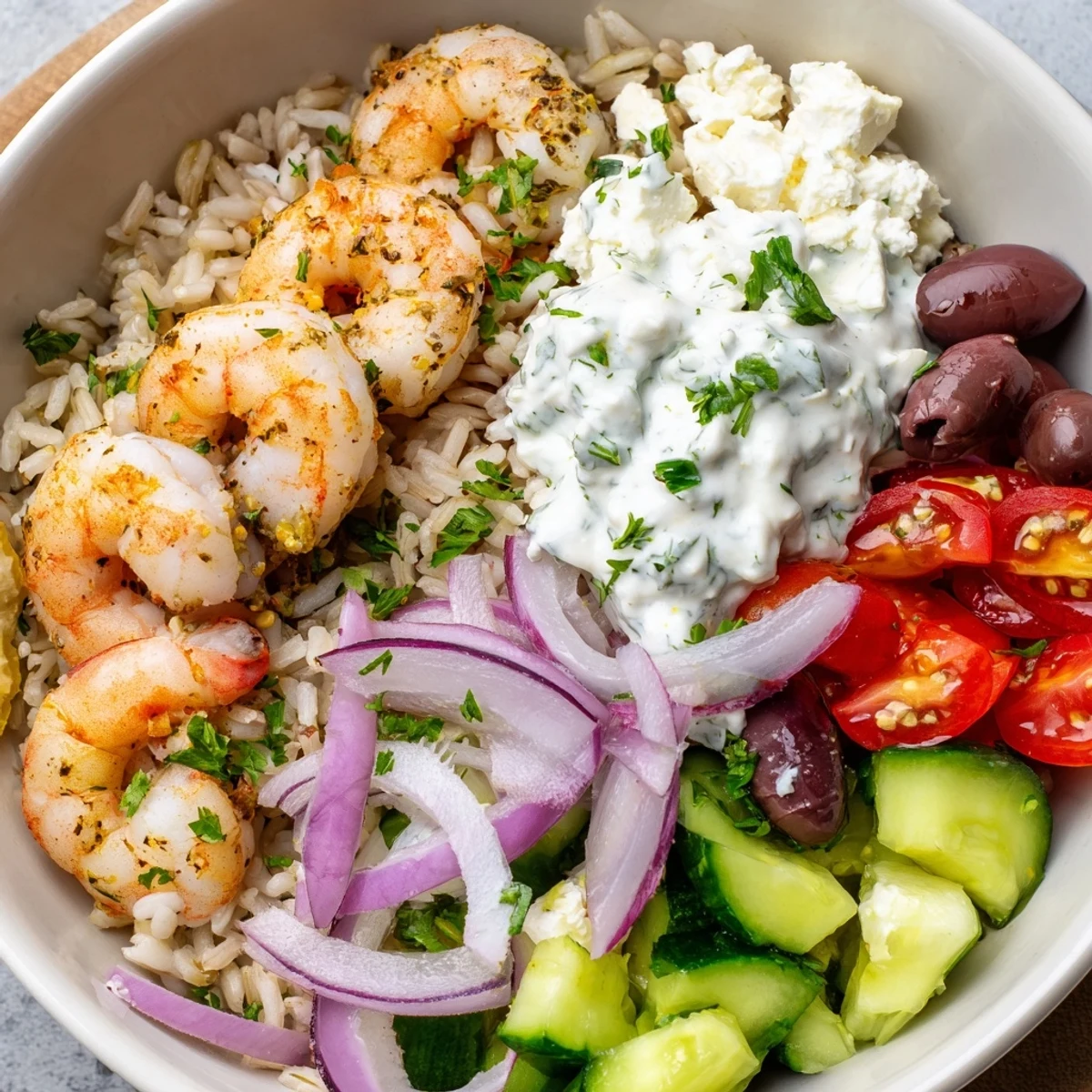 Golden seared shrimp atop a colorful Greek Shrimp Mediterranean Bowl with feta and olives