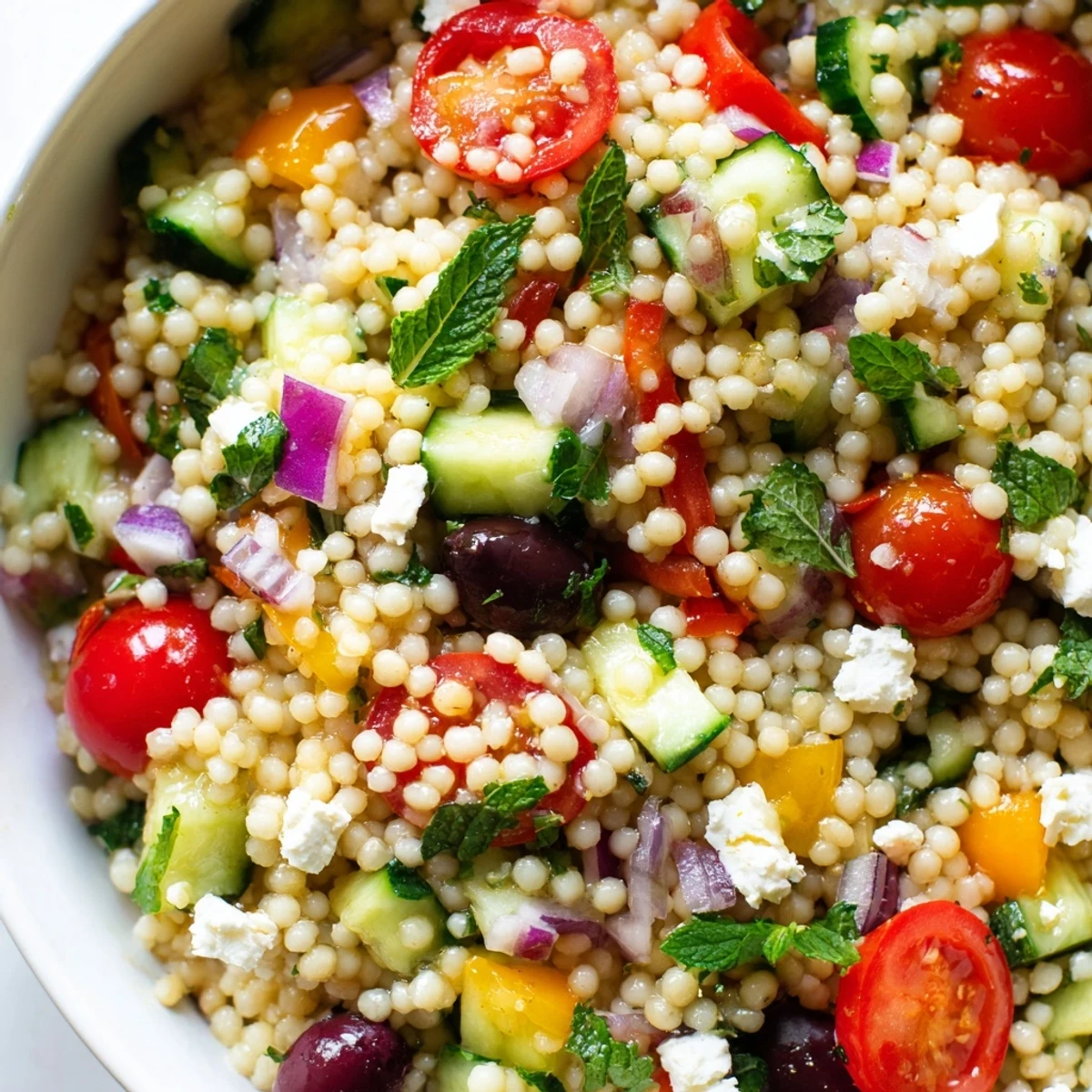Bright Mediterranean couscous salad topped with crumbled feta and fresh herbs in a bowl