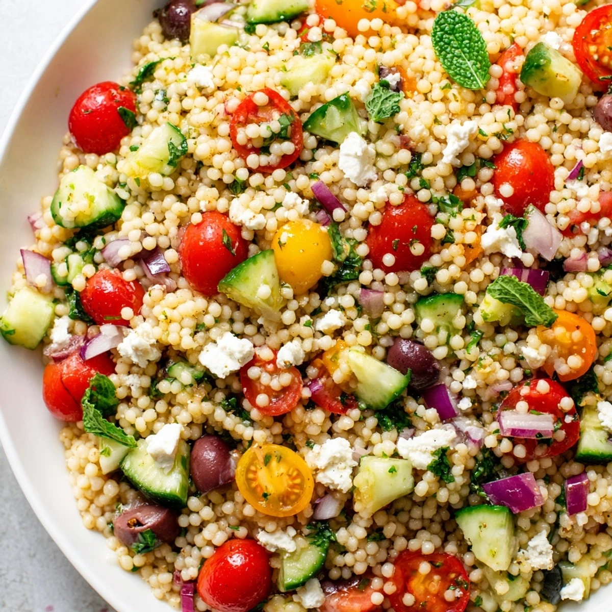 Mediterranean couscous salad served on a rustic plate glistening with zesty sweet-spicy vinaigrette dressing