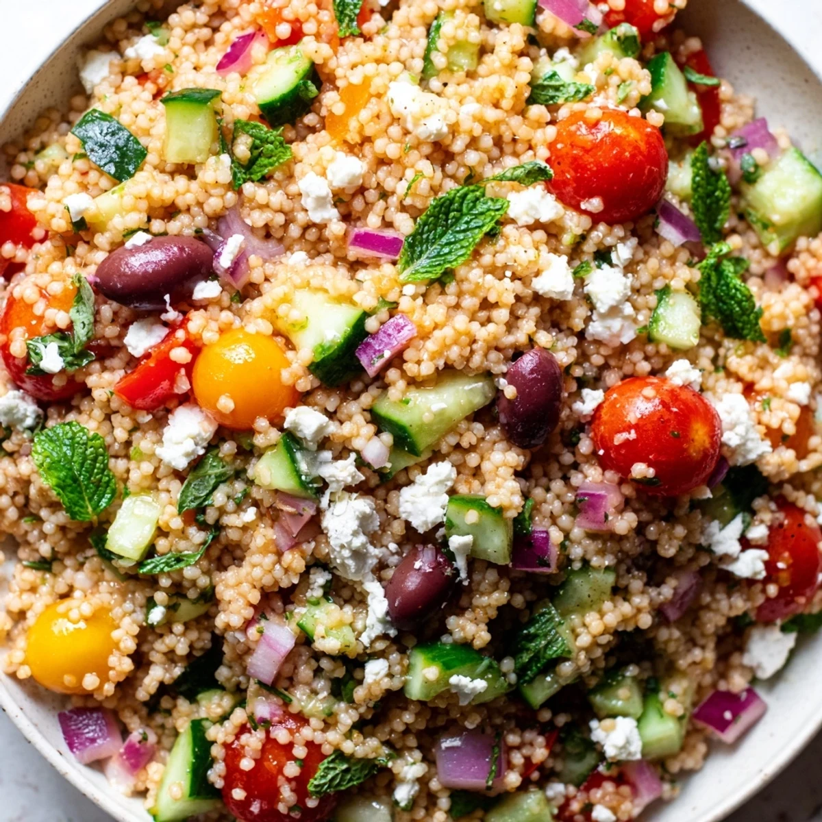 Fluffy couscous tossed with colorful diced vegetables and drizzled with hot honey lemon vinaigrette