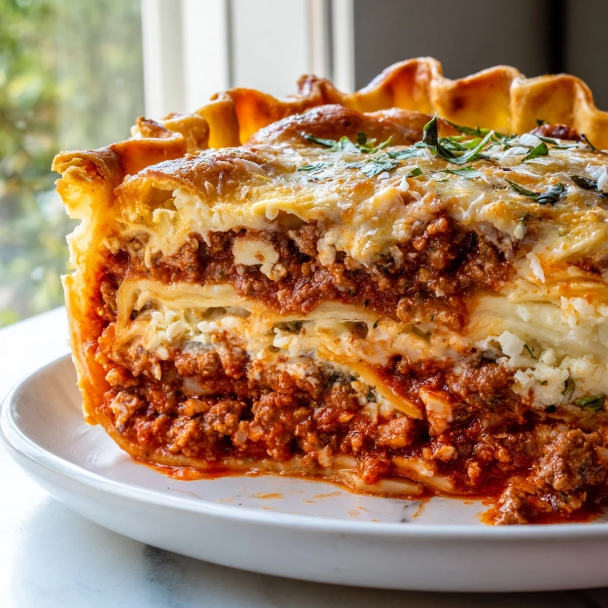 Golden bubbling cheesy lasagna pie sliced to reveal gooey layers of ricotta and meat sauce