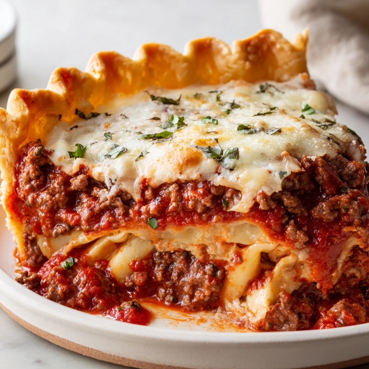 Cheesy lasagna pie in a flaky crust topped with melted mozzarella and fresh basil