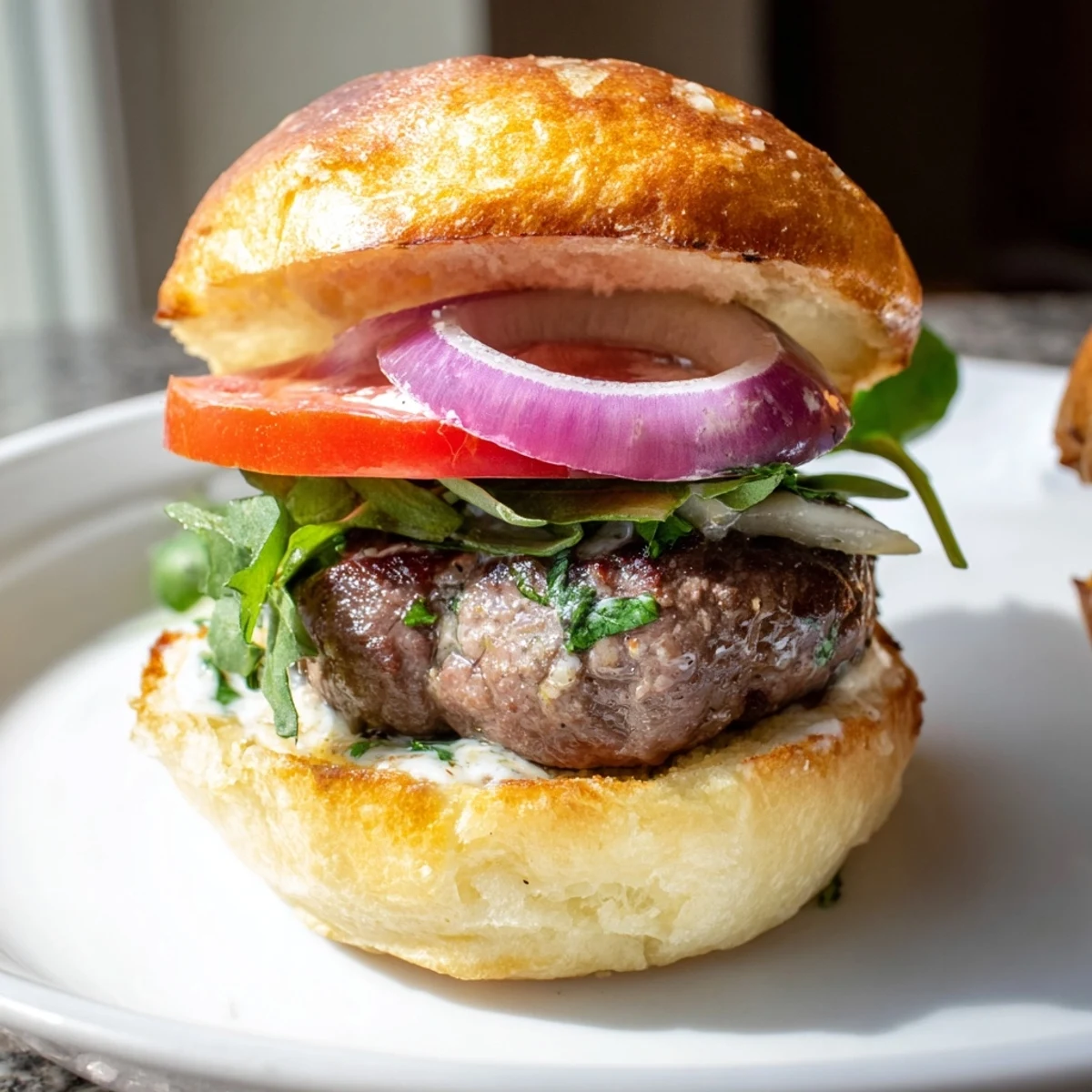 Juicy filet mignon sliders on golden garlic parmesan rolls topped with fresh arugula and red onion