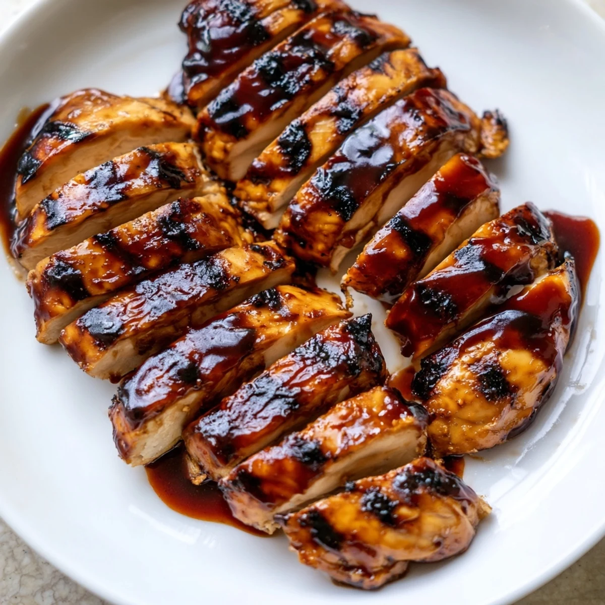 Juicy sliced grilled Coca Cola glazed chicken breast drizzled with glossy dark sauce