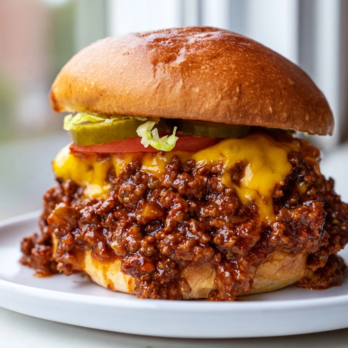 Thick saucy Smash Burger Sloppy Joes oozing with melted cheese and caramelized onions