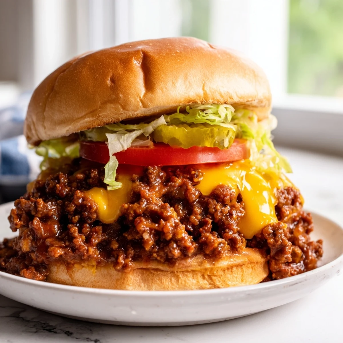 Juicy Smash Burger Sloppy Joes topped with pickles lettuce and tomato