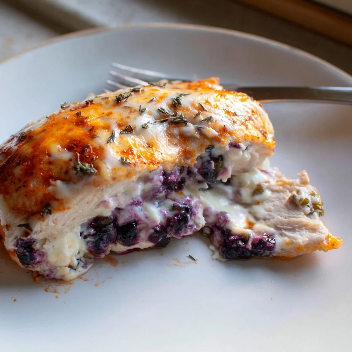 Melty Blackberry Jalapeno Stuffed Chicken oozing with creamy purple berry filling on a rustic plate
