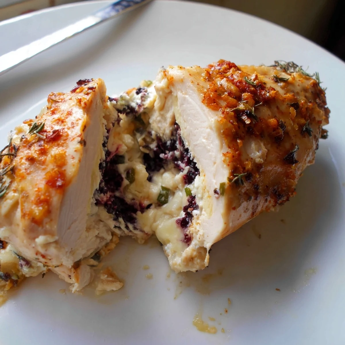 Juicy Melty Blackberry Jalapeno Stuffed Chicken garnished with fresh herbs beside roasted vegetables