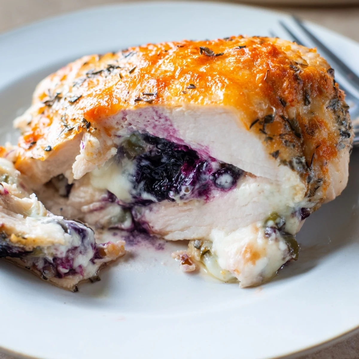 Golden baked Melty Blackberry Jalapeno Stuffed Chicken sliced open revealing bubbling cream cheese and blackberry filling