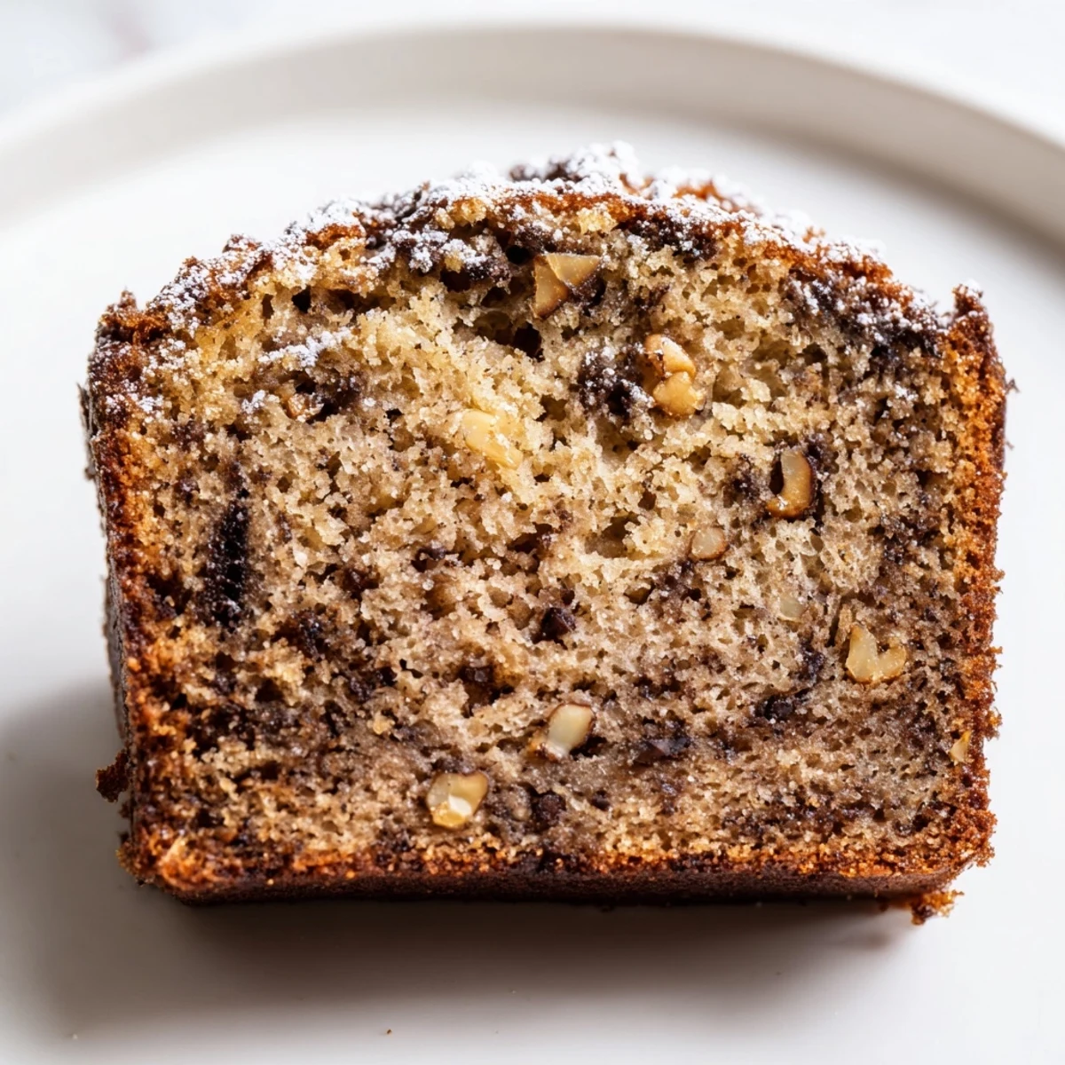 Golden banana cake sliced on a rustic plate with a fork nearby