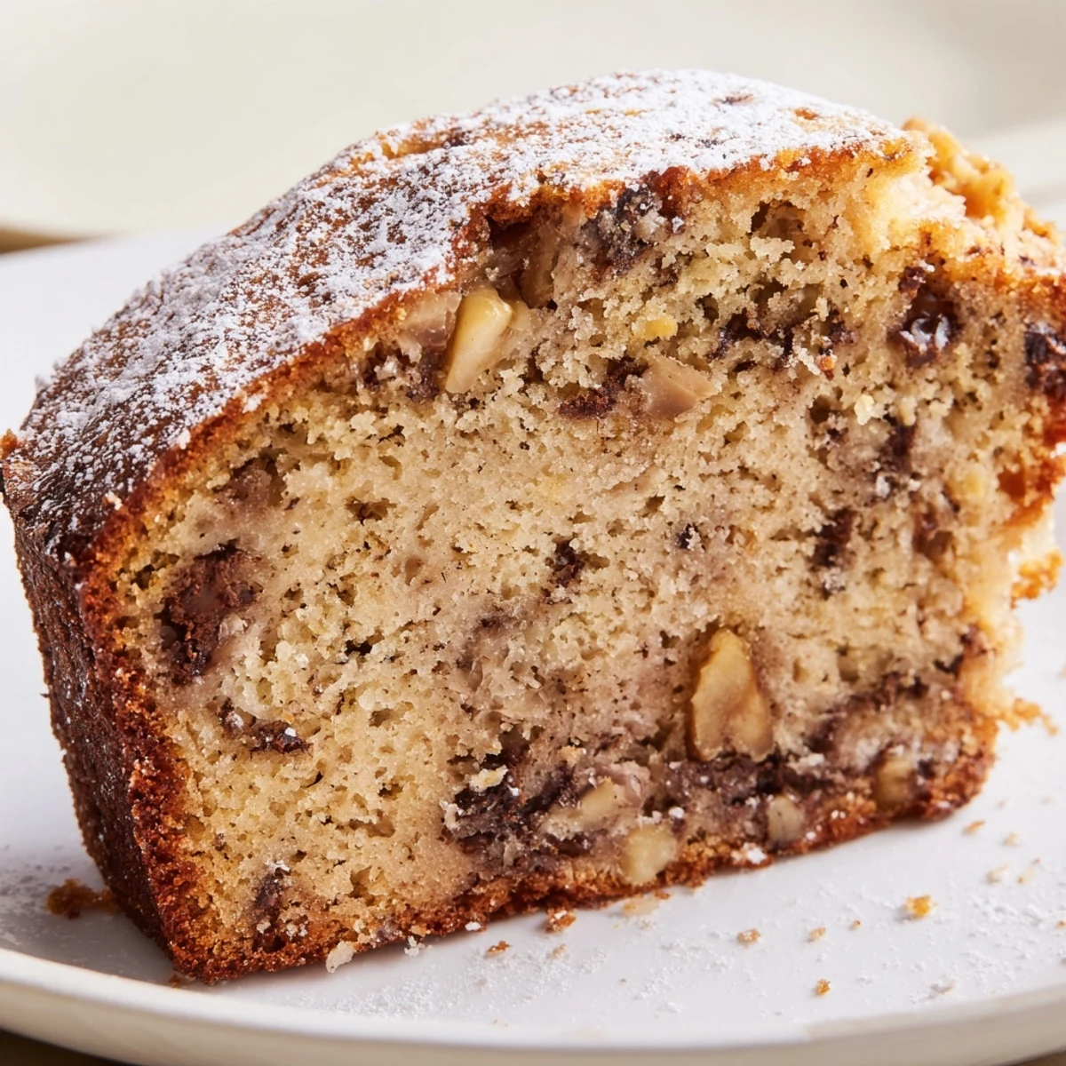 Moist banana cake topped with powdered sugar beside a cup of tea