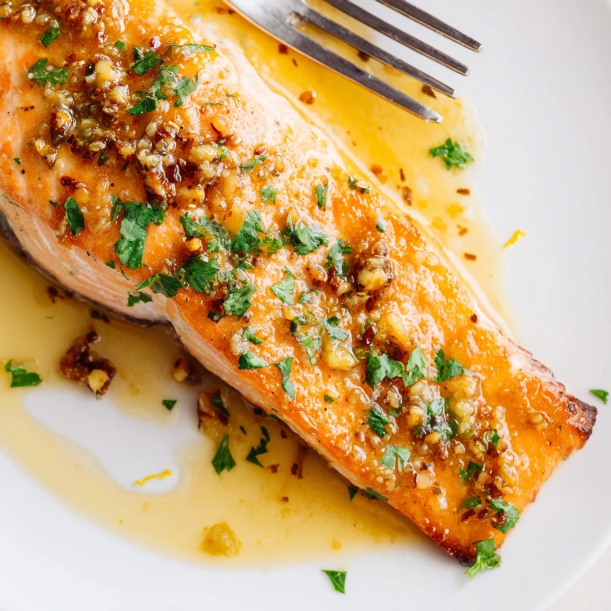 Pan-seared garlic butter salmon topped with fresh parsley and bright lemon wedges