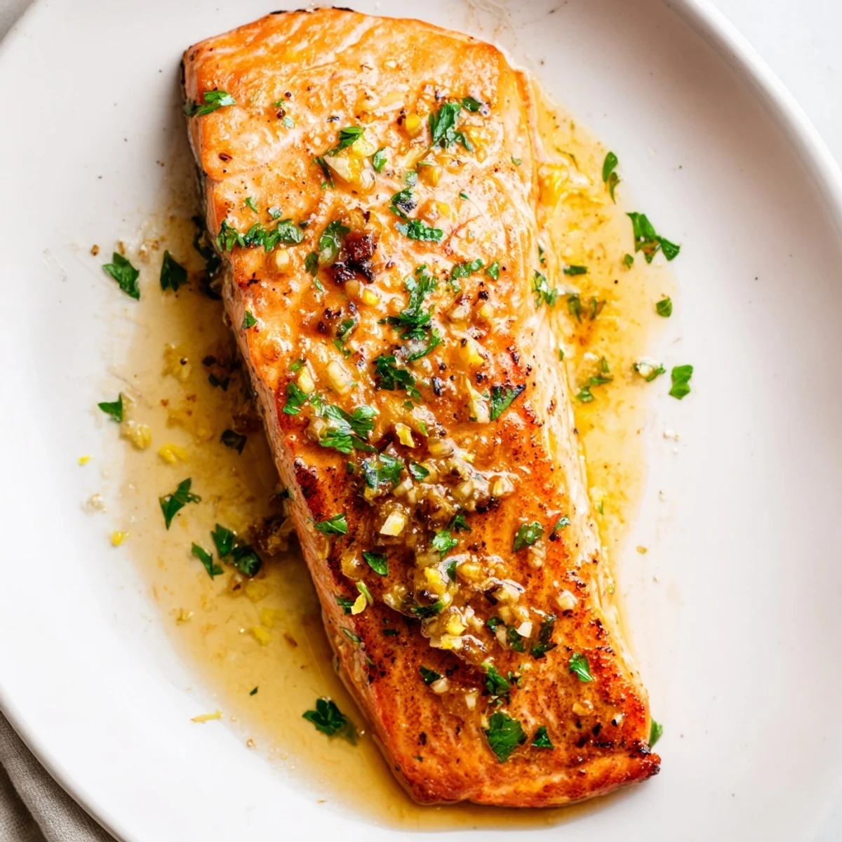 Golden garlic butter salmon fillets glistening with lemon herb sauce on a white plate