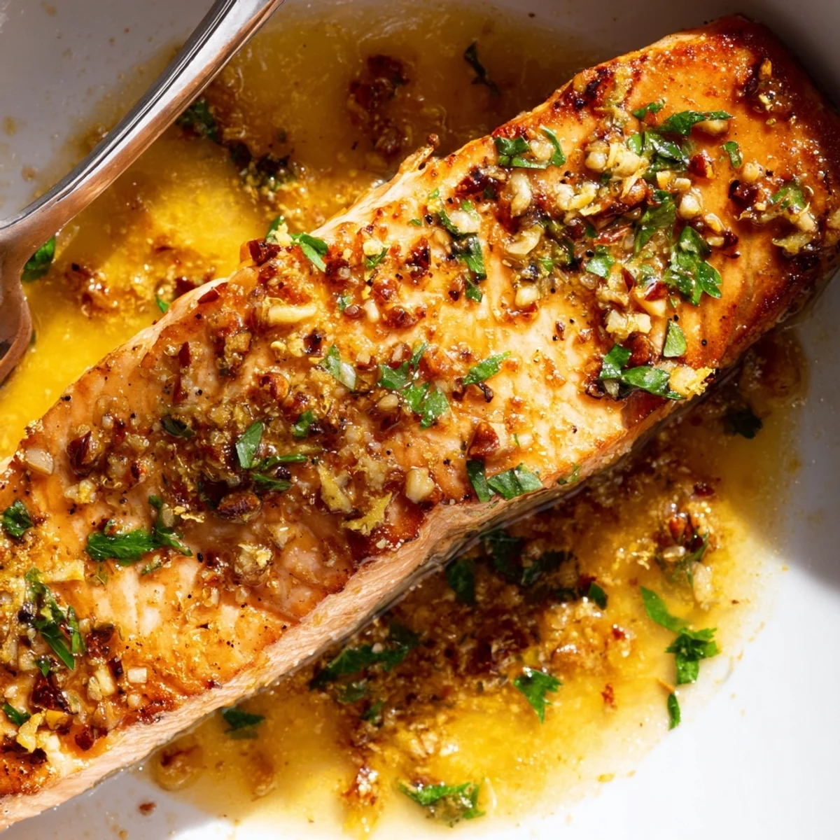 Succulent garlic butter salmon drizzled with rich, aromatic sauce ready to serve