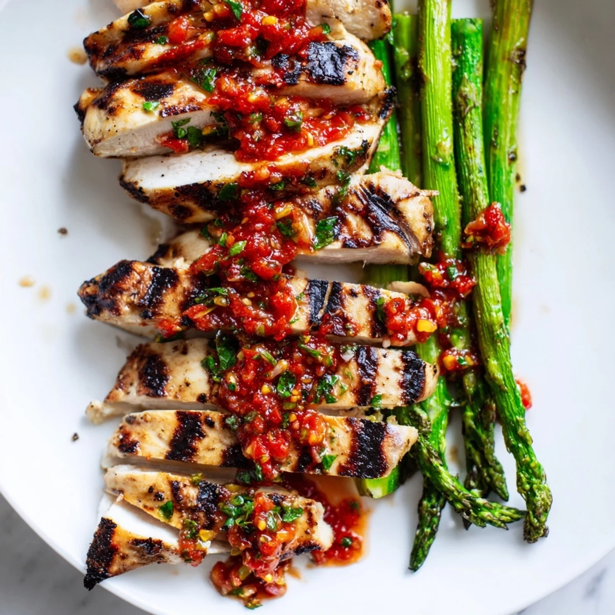 Grilled Asparagus Chicken With Calabrian Chili Sauce plated on a rustic white dish with fresh parsley garnish