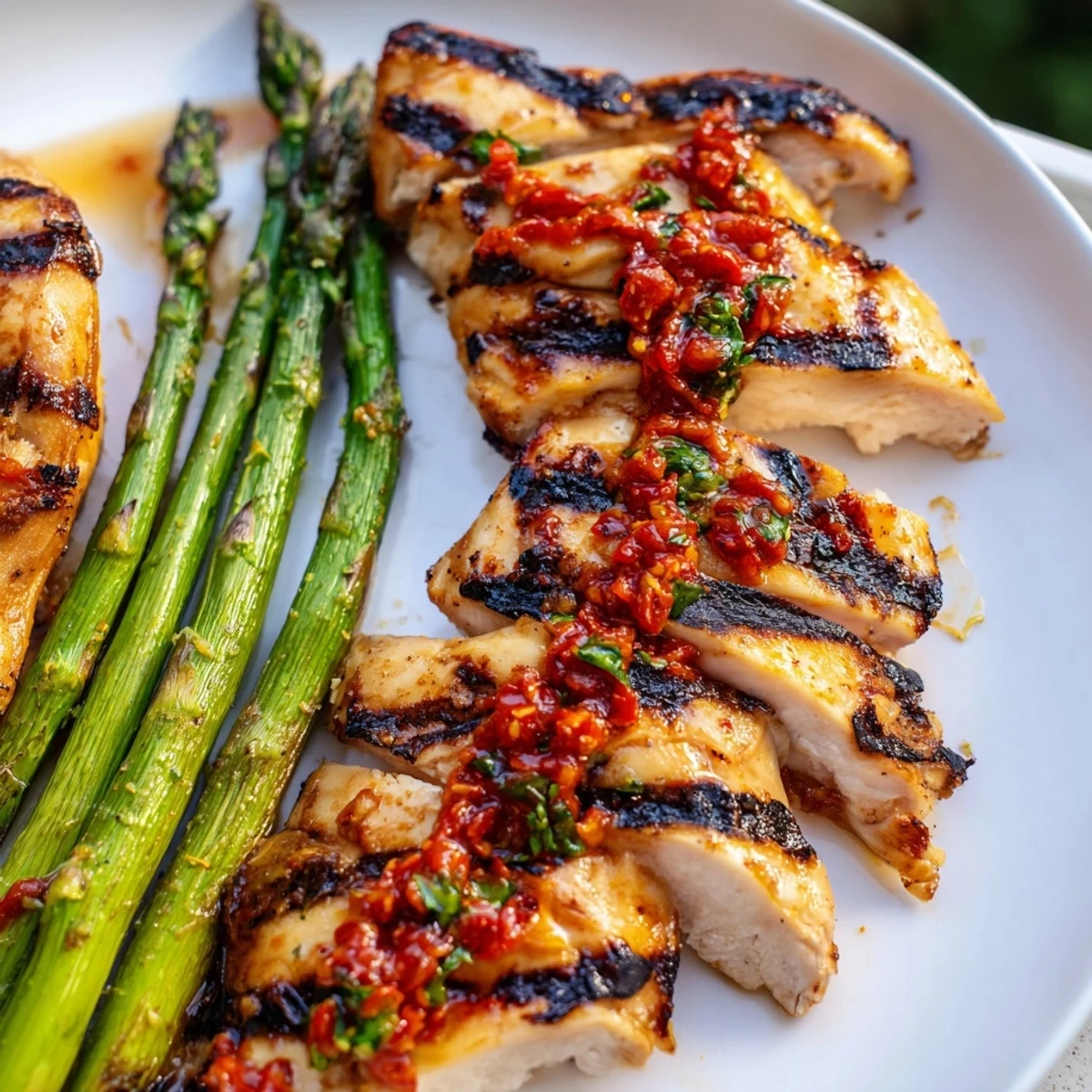 Close-up of Grilled Asparagus Chicken With Calabrian Chili Sauce drizzled with glistening spicy red oil