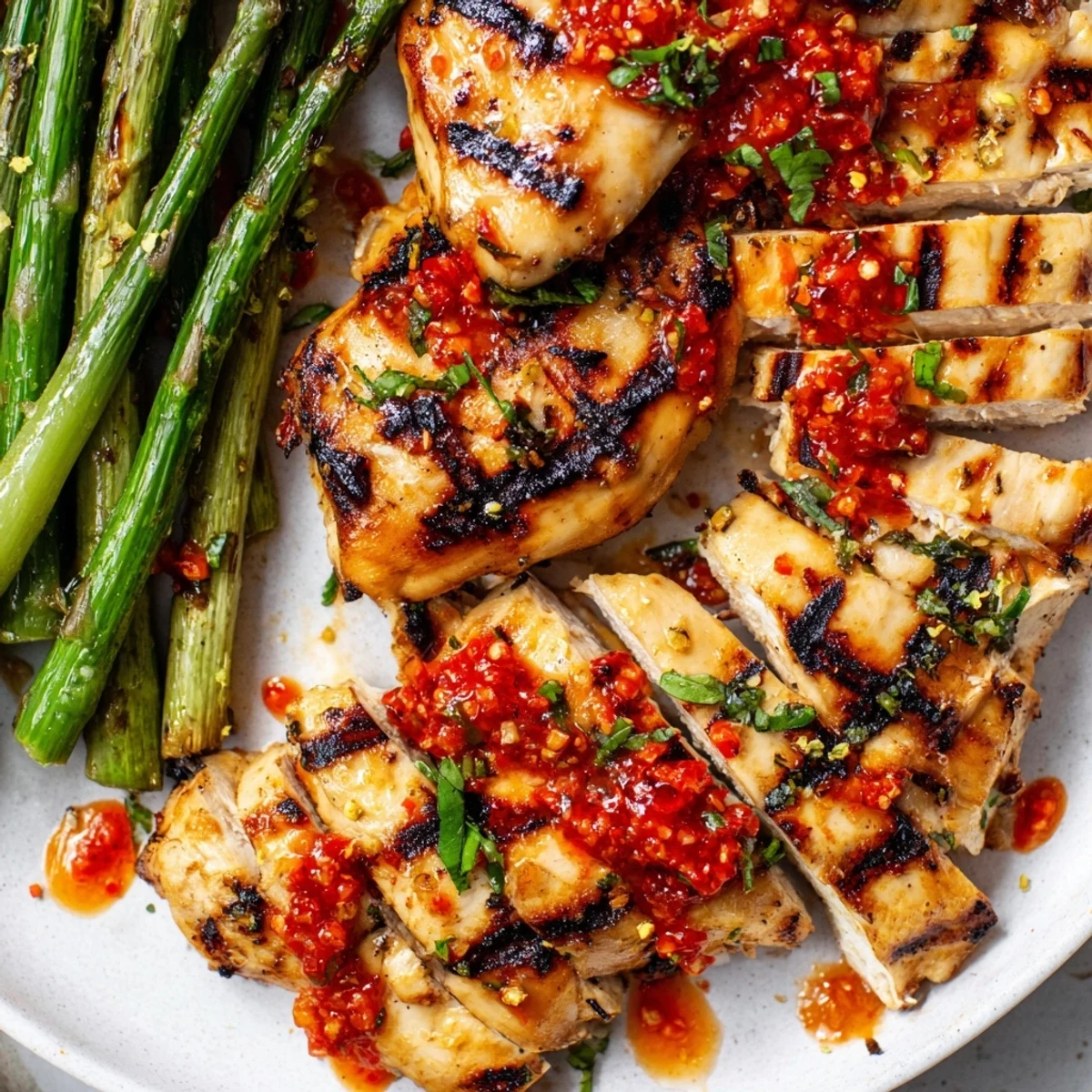 Juicy grilled chicken breasts topped with vibrant Calabrian chili sauce alongside lightly charred asparagus spears