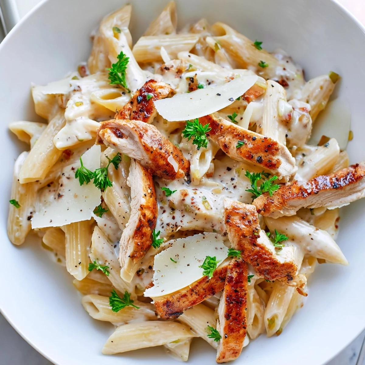Creamy Garlic Parmesan Chicken Pasta topped with fresh parsley in a rustic skillet