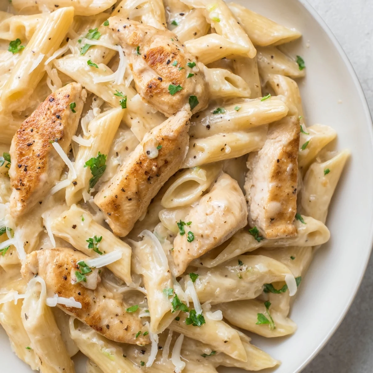 Creamy Garlic Parmesan Chicken Pasta served in a white bowl with extra Parmesan shavings