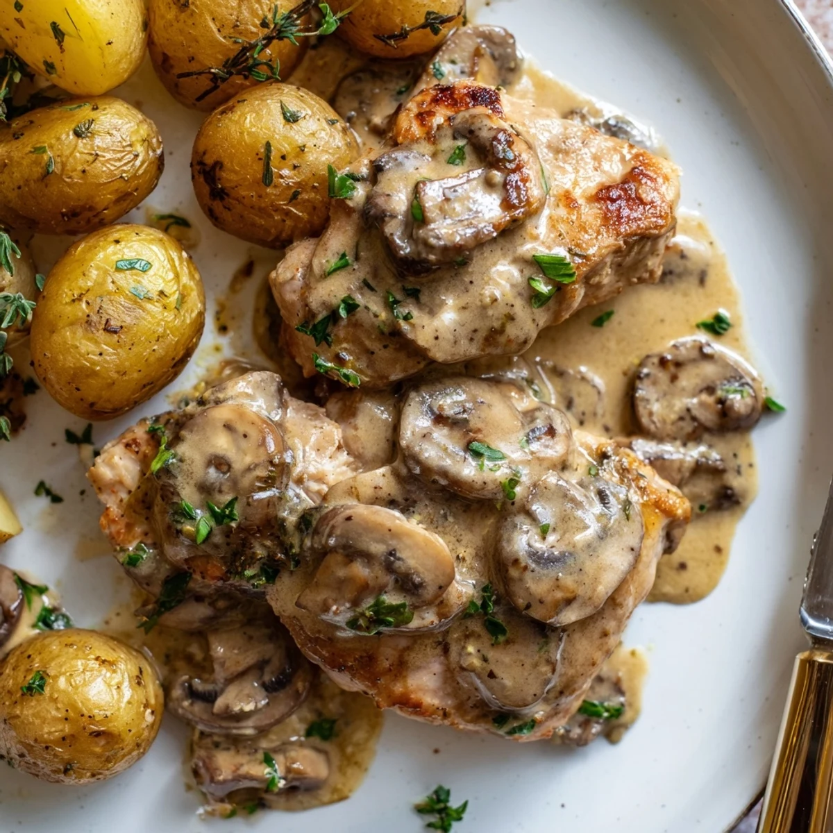 Creamy mushroom chicken smothered in rich sauce with golden herb-roasted potatoes on a rustic plate